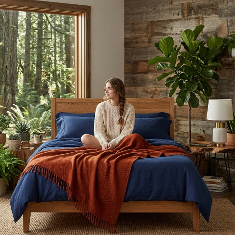Drap de lit femme assise tailleur regarde extérieur