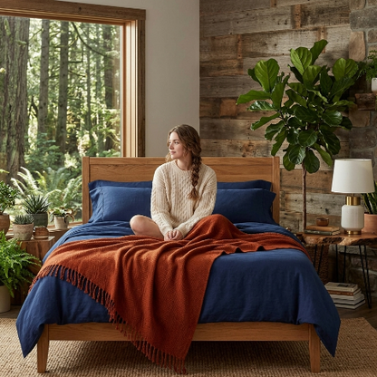 Drap de lit femme assise tailleur regarde extérieur