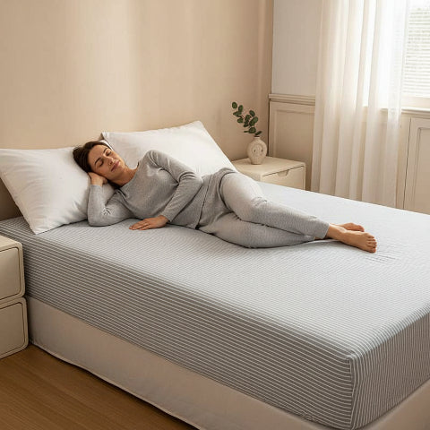 Drap de lit rayures femme couchée sur lit