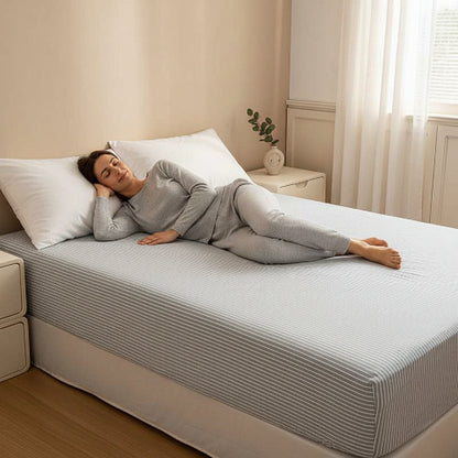 Drap de lit rayures femme couchée sur lit