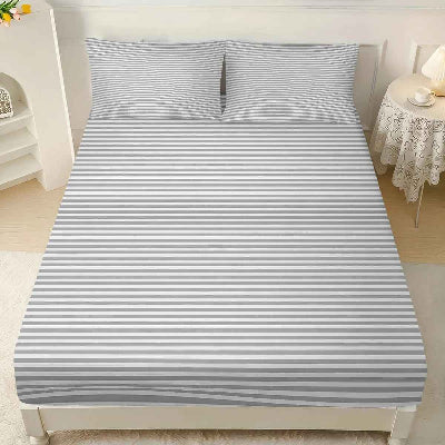 Drap housse 160 x 200 polycoton rayures horizontales grises agrandie