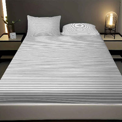 Drap housse 160 x 200 polycoton rayures horizontales grises 