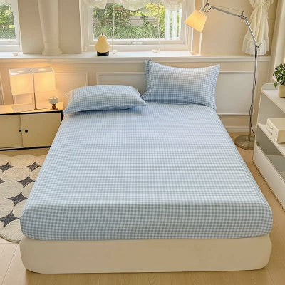 Drap-housse 90 x 190 carreaux bleu lampe sur pied