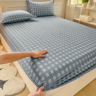 Drap-housse 90 x 190 plaid bleu vue angle