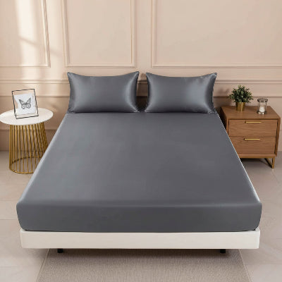 Drap housse gris satiné avec taies d'oreillers