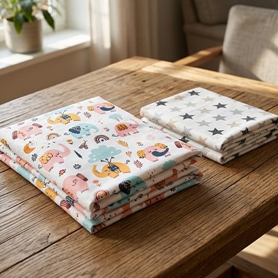 Drap housse lit bébé plié sur table