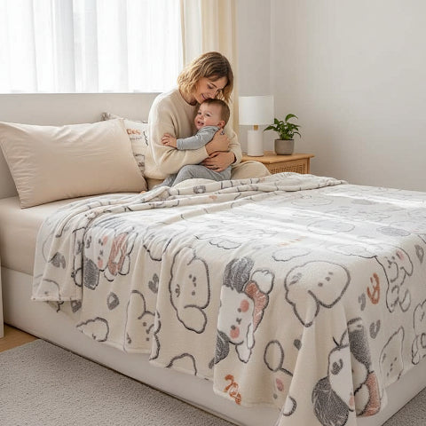 Drap plat 2 personnes beige maman enlançant bébé