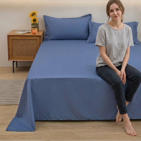 Drap plat denim femme assise bord lit