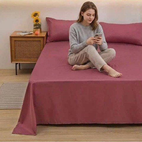 Drap plat vieux rose chambre femme assise avec portable