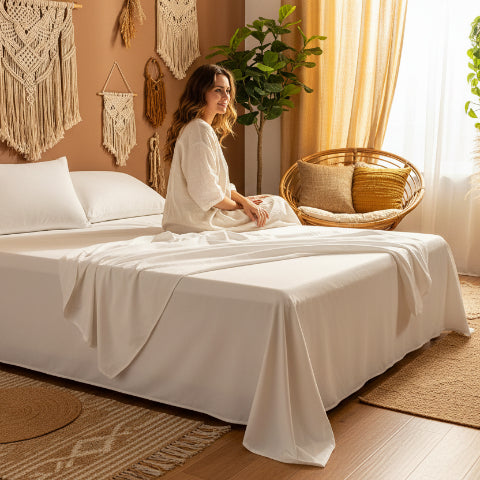 Draps coton lavé femme assise au bord lit