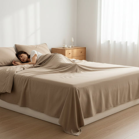 Draps coton lavé ultra doux femme allongée sommeil