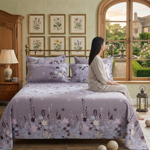 Draps de lit floral femme assise regarde fenêtre