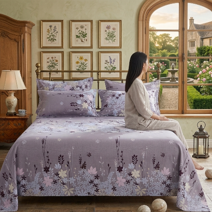 Draps de lit floral femme assise regarde fenêtre