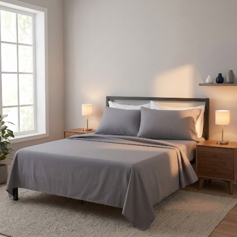 Draps de lit gris chambre lampes de chevet