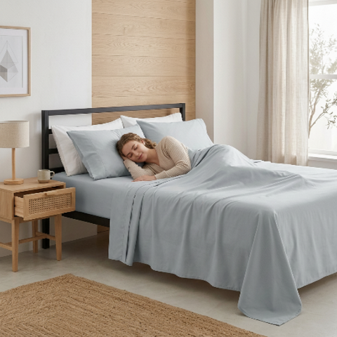 draps de lit gris clair femme couchée apaisée