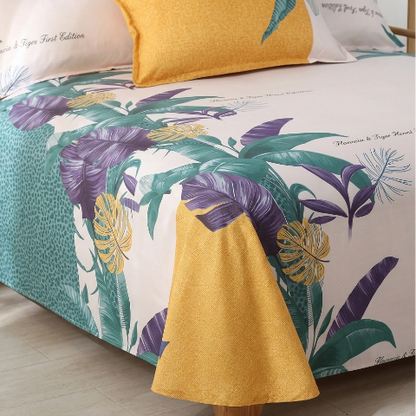 Draps de lit imprimé floral vert jaune gros plan