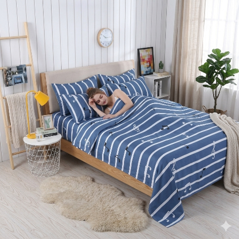 Draps de lit rayures portés musicales femme couchée