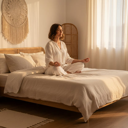 Draps lin pur blanc femme zen assise tailleur