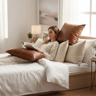 Housse coussin femme allongé lit livre coussin