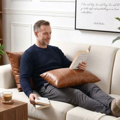 Housse coussin homme canapé livres chaque main