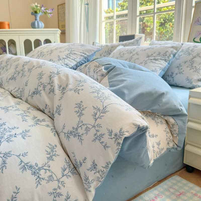 Housse de couette 220 x 240 feuillage envers bleu vue de côté