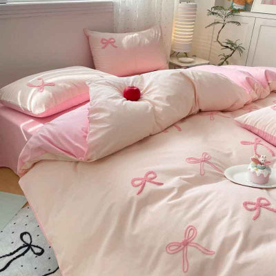 Housse de couette 240 x 260 rose broderie rubans vue côté