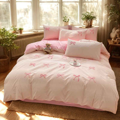 Housse de couette 240 x 260 rose broderies rubans vue complète
