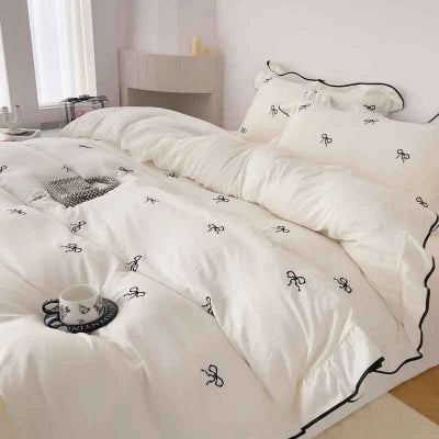 Housse de couette 260 x 240 blanche broderie rubans et volant