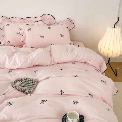 Housse de couette 260 x 240 rose broderie rubans vue devant