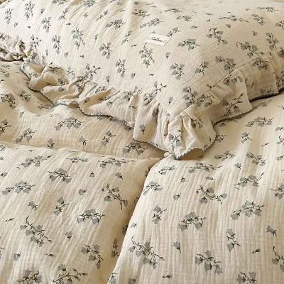 Housse de couette gaze de coton floral beige détail