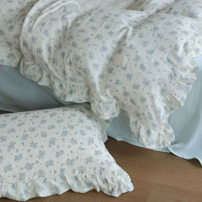 Housse de couette gaze de coton imprimé floral bleu agrandie