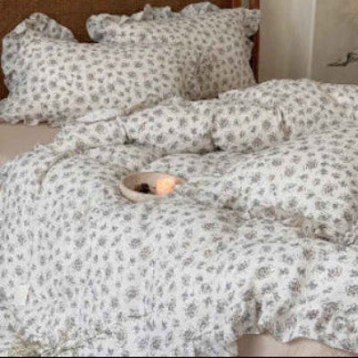 Housse de couette gaze de coton imprimé floral gris
