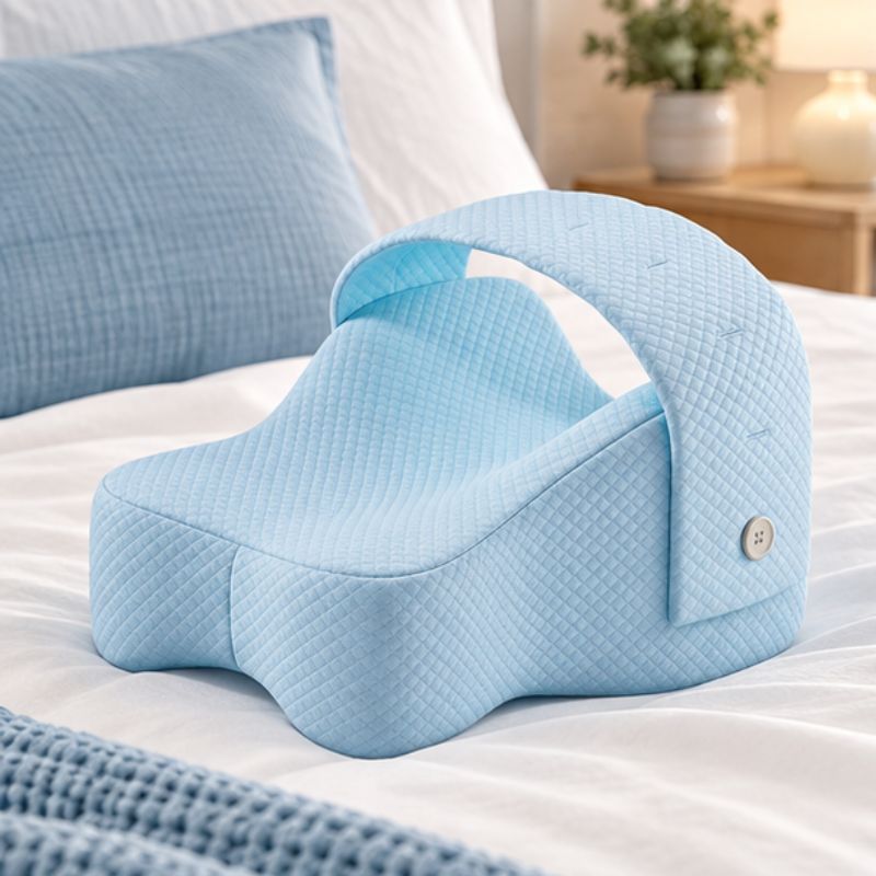 oreiller à mémoire de forme genou bleu sur lit
