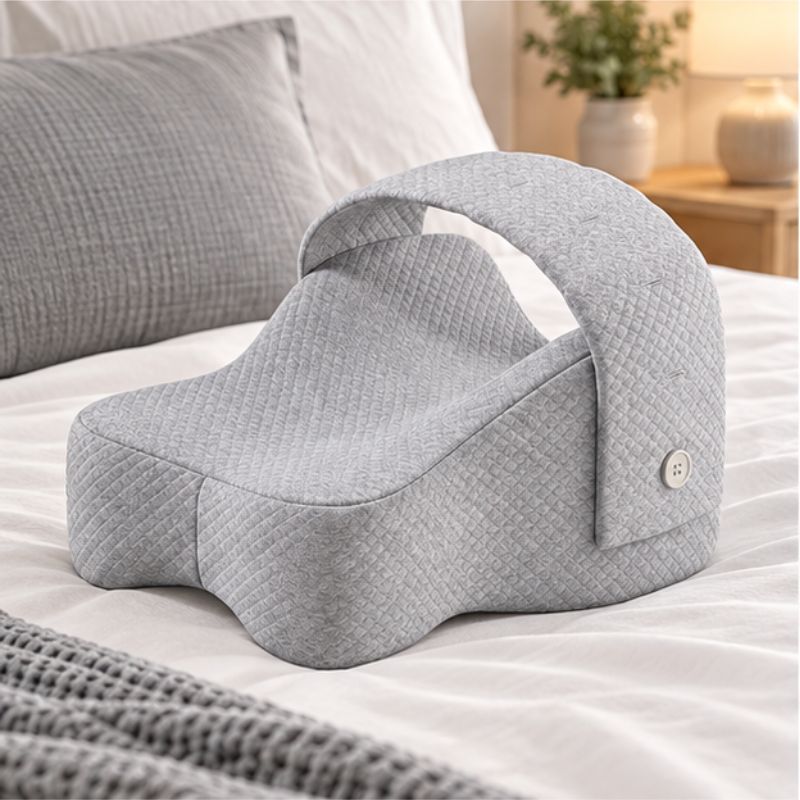 oreiller à mémoire de forme genou gris sur lit
