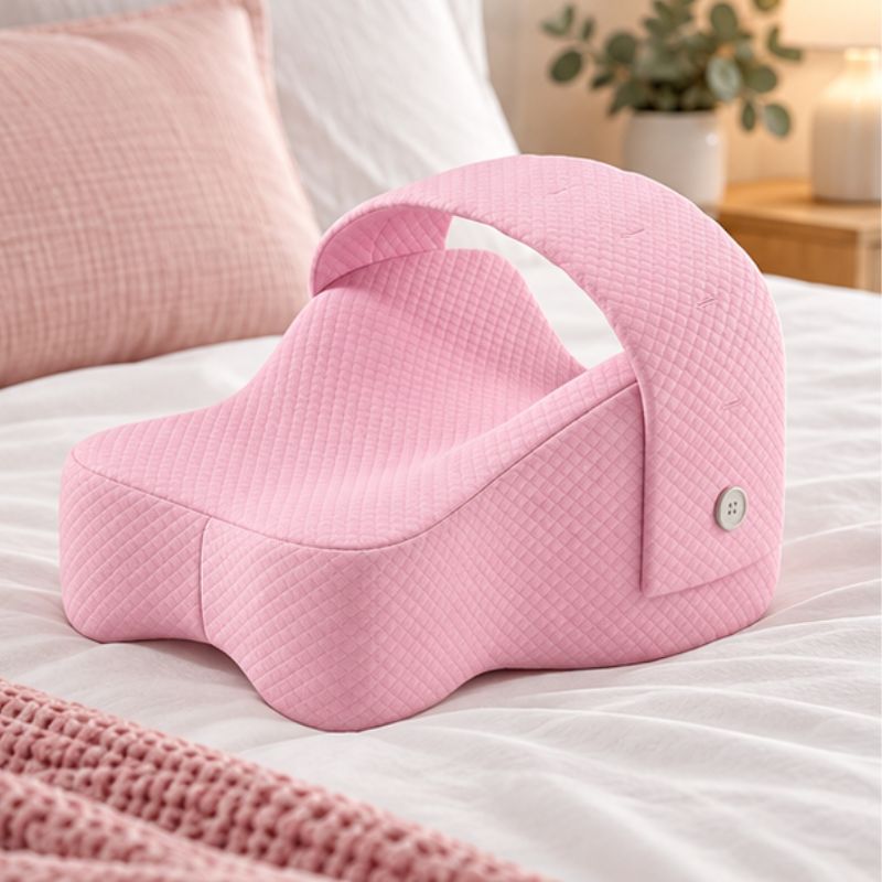 oreiller à mémoire de forme genou rose sur lit