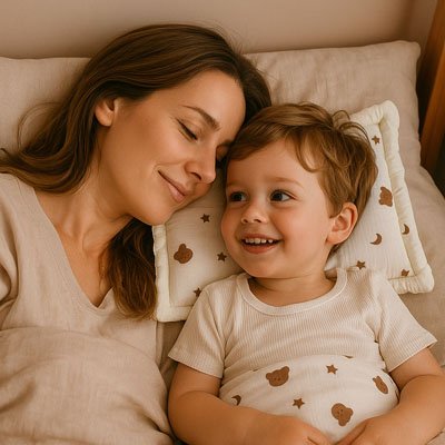 Oreiller bébé et maman-couché-souriant
