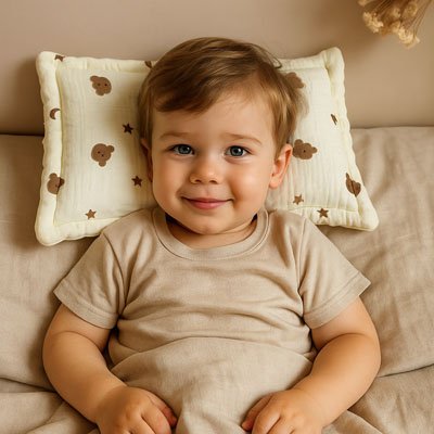 Oreiller bébé éveillé tout sourire