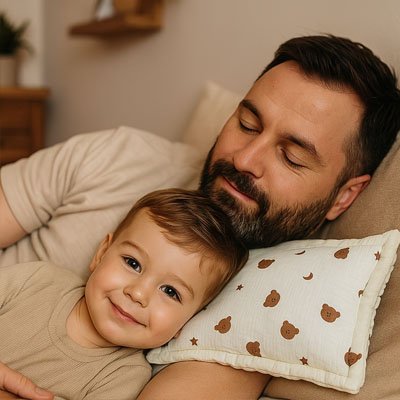 Oreiller bébé souriant et papa endormi