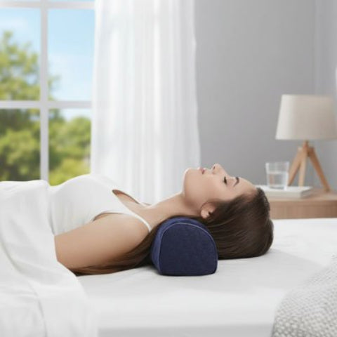 Oreiller cervical bleu femme couchée nuque support