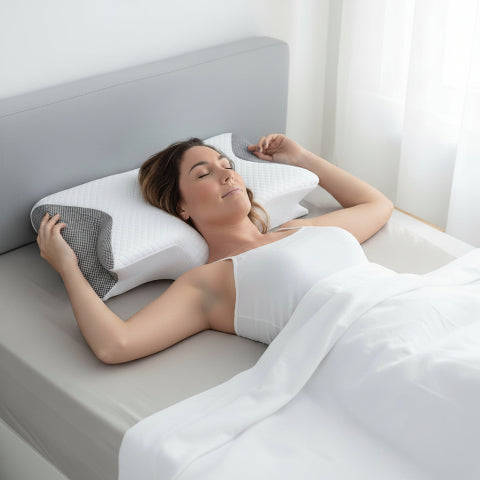 Oreiller cervical butterfly femme apaisée bras vers l'oreiller