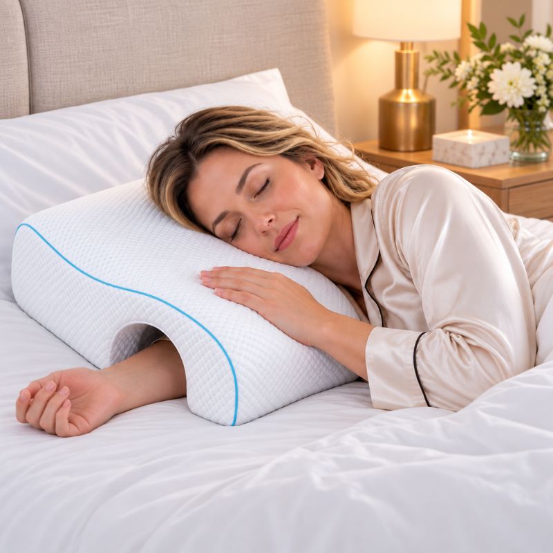 Oreiller cervical ergonomique bras droit femme couchée