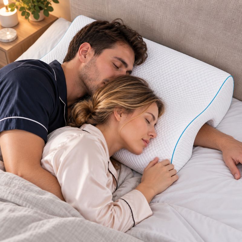 Oreiller cervical ergonomique bras gauche couple couché