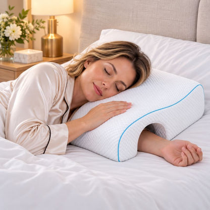 Oreiller cervical ergonomique bras gauche femme couchée