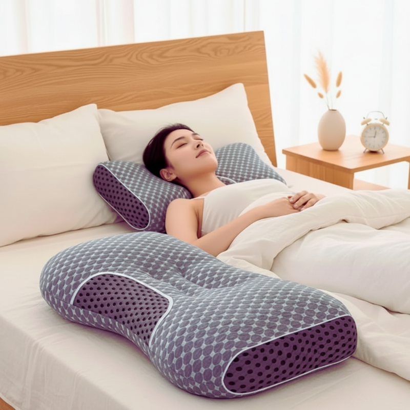 Oreiller cervical ergonomique femme couchée au lit sur le dos