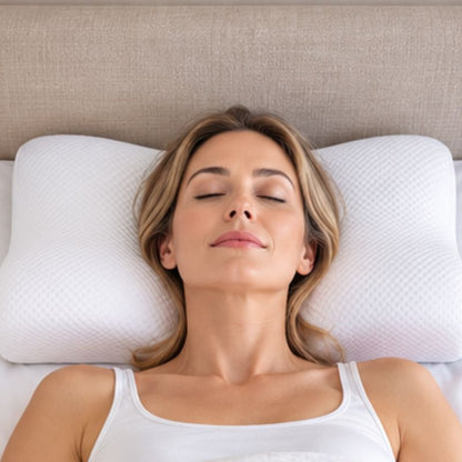 Oreiller cervical ergonomique femme couchée sur le dos