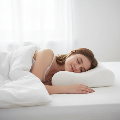 Oreiller cervical ergonomique fille couchée sur le ventre