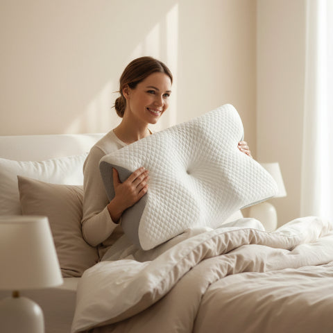 Oreiller cervical femme souriante tenant oreiller