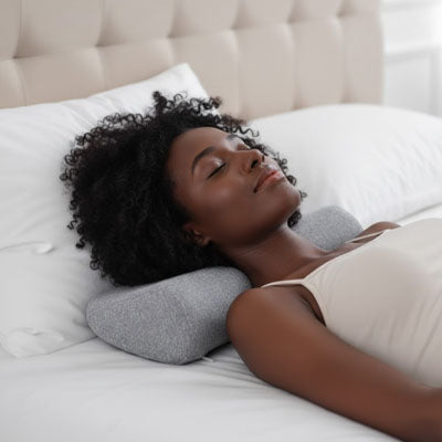 Oreiller cervical gris clair femme couchée sereine