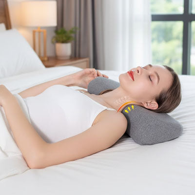 Oreiller cervical gris foncé femme couchée apaisée