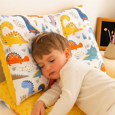 Oreiller enfant dinosaure endormi sur côté          